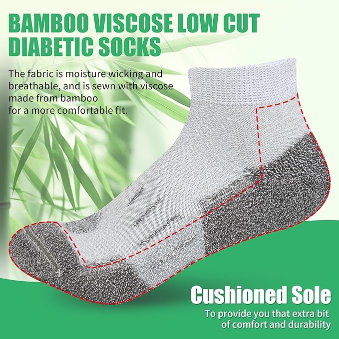 Diabetic Socks for Men,4 & 6 Pairs Low Cut Bamboo Viscose Wide Mens Diabetic Socks Size 9-11 10-13