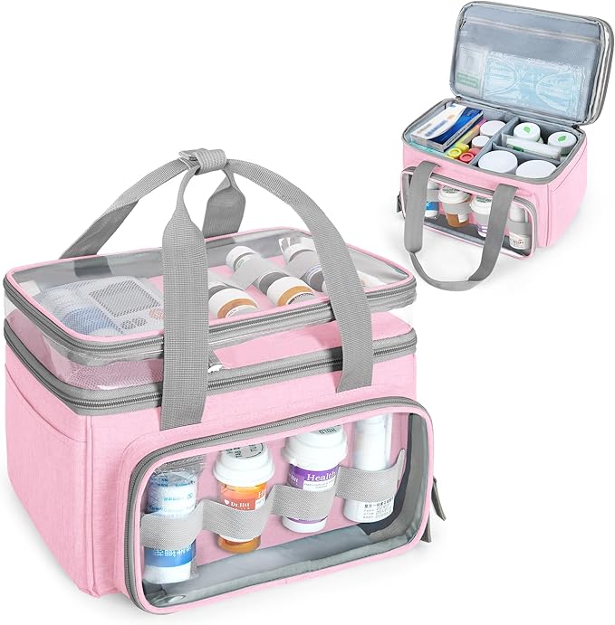 LUXJA Double-Layer Medicine Bag with Transparent Compartment, Pill Bottle Organizer with Detachable Divider (Suitable as a Home or Travel Medicine Bag), Pink
