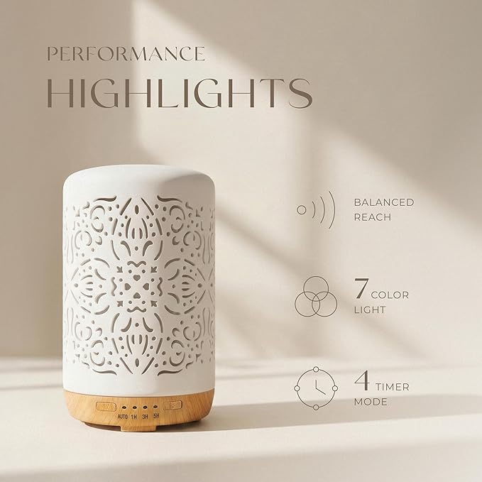 Earnest Living Essential Oil Diffuser White Ceramic Diffuser 250 ml Timers Night Lights and Auto Off Function Home Office Humidifier Aromatherapy Diffusers for Essential Oils