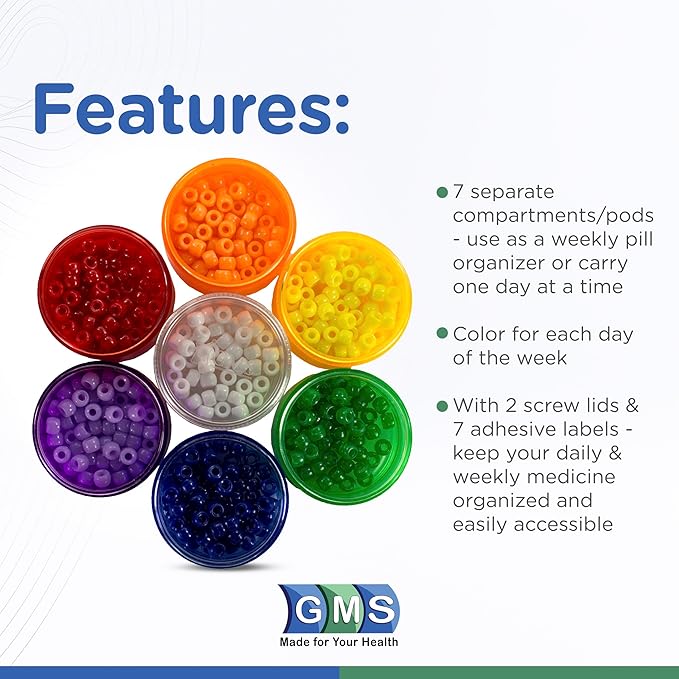 GMS 7 Day Medicine Pill Organizer - Unbreakable Stackable Pill Box, Easy to Screw Together Lid - Ideal for Travel, Fits Small Tablets & Vitamin Supplements, Organize Your Weekly Medicine, Medium