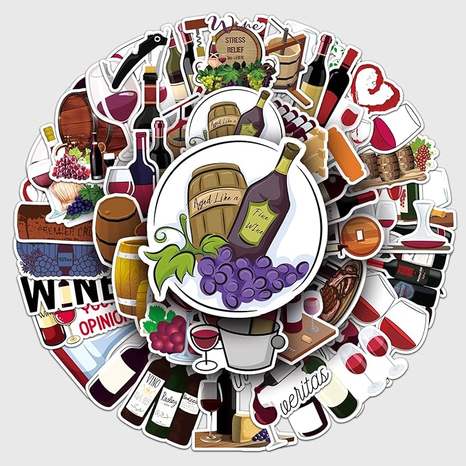 50pcs Red Wine Stickers,Cute Wine Label & Glass Pattern Decals, Waterproof & Durable for Notebook, Wine Bottle, Party Decoration