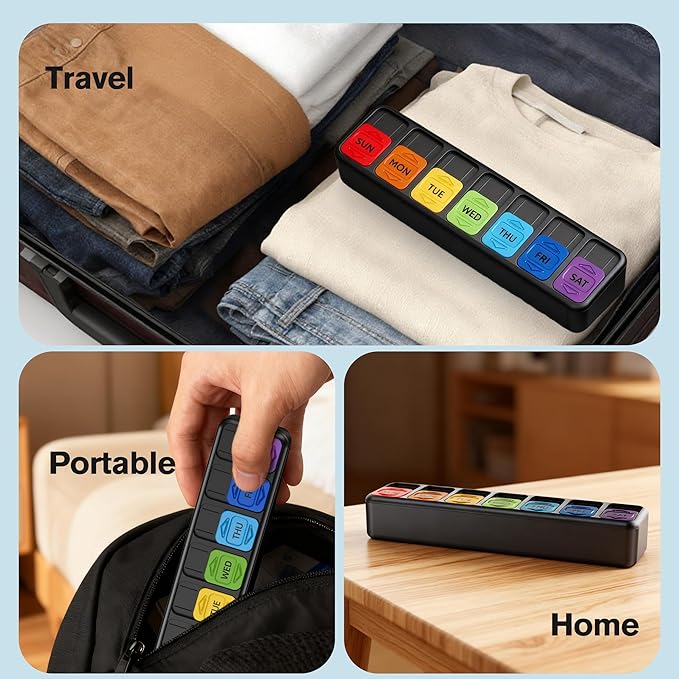Restree Weekly Pill Organizer Once a Day, Daily Medicine Organizer with Slide-Lid, 7 Day Portable Travel Pill case, Vitamin & Supplement Organizer (Black)