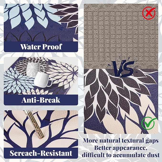 PVC Anti-Fatigue Kitchen Mats Set of 3, Non-Slip Kitchen Rugs, Comfort Standing Runner Rug, Multipurpose Indoor Mats for Laundry, Office, Bedroom, Sink, Bathroom, Dark Blue