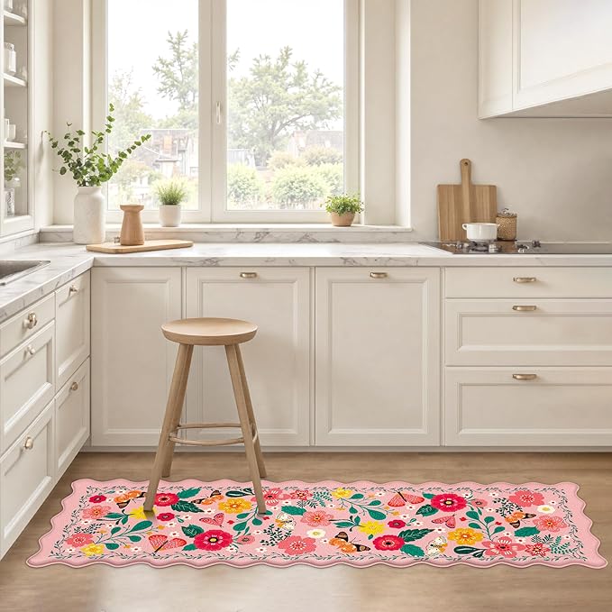Scalloped Pink Kitchen Mats for Floor Cushioned Anti Fatigue Kitchen Mats Rugs Waterproof Non Slip Farmhouse Boho Floral Comfort Foam Standing Mat for Sink Laundry, 17.3x59
