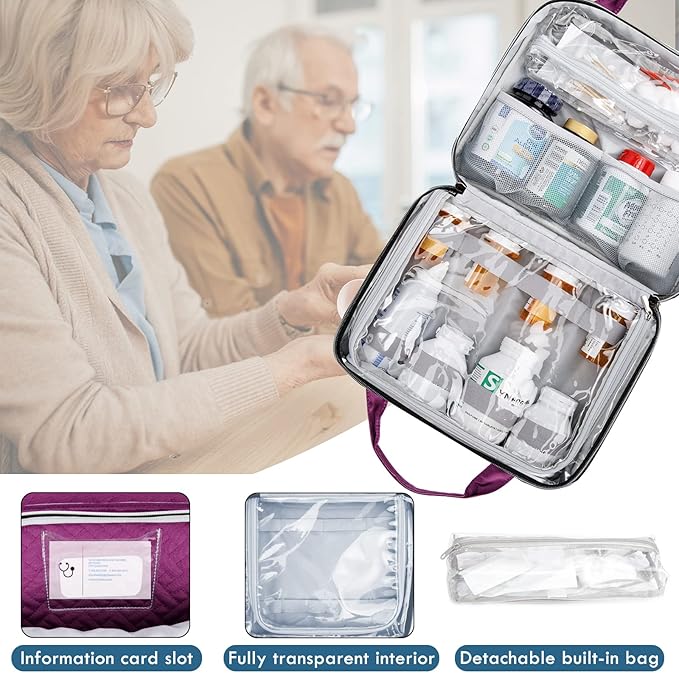 BAGSFY Medicine Bag for Traveling, Pill Bottle Organizer Storage, Large Medication Travel Case, Pills Box for Vitamin, First Aid Kit Bags Empty. (Comes with Weekly Pill Organizer)