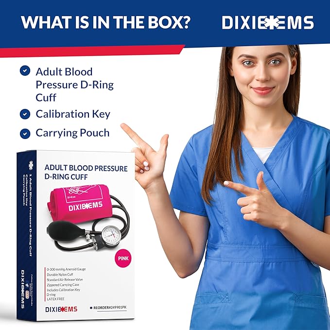 Dixie EMS Deluxe Aneroid Sphygmomanometer Blood Pressure D-Ring Cuff - Pink