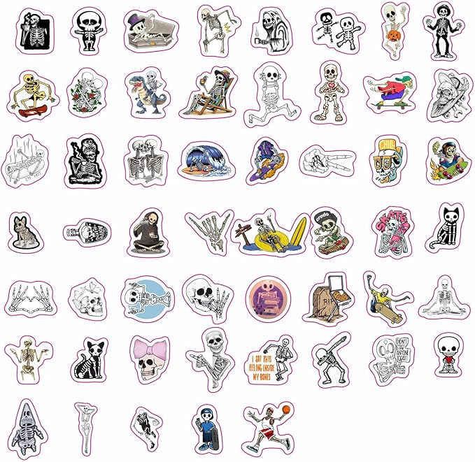BulbaCraft 100Pcs Skeleton Stickers - Skeleton Party Decorations & Favors, Skull Stickers, Men - Spooky Halloween Decals Waterproof, Gifts for Women & Men