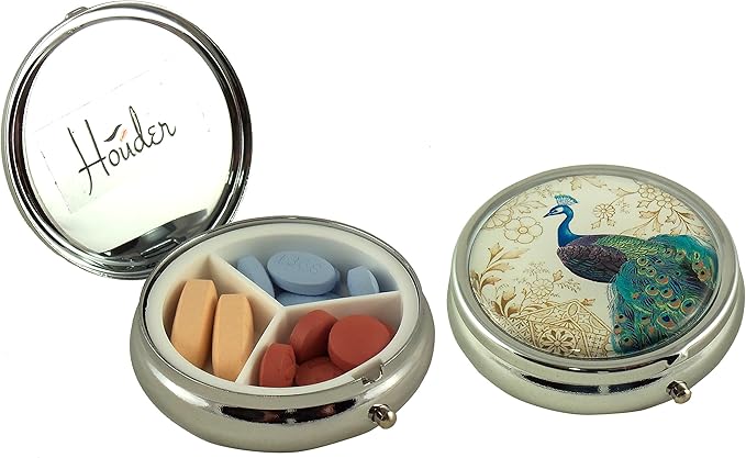 Designer Pill Box by Houder - Decorative Pill Case with Gift Box - Carry Your Meds in Style (Peacock)