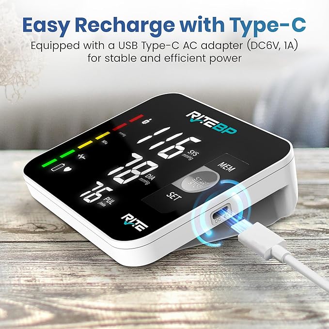 Digital Blood Pressure Monitor with 2 Large Arm Cuffs (22–42 cm) | Accurate & Easy-to-Use, USB Type-C Rechargeable, Automatic Upper Arm BP Machine for Home Use