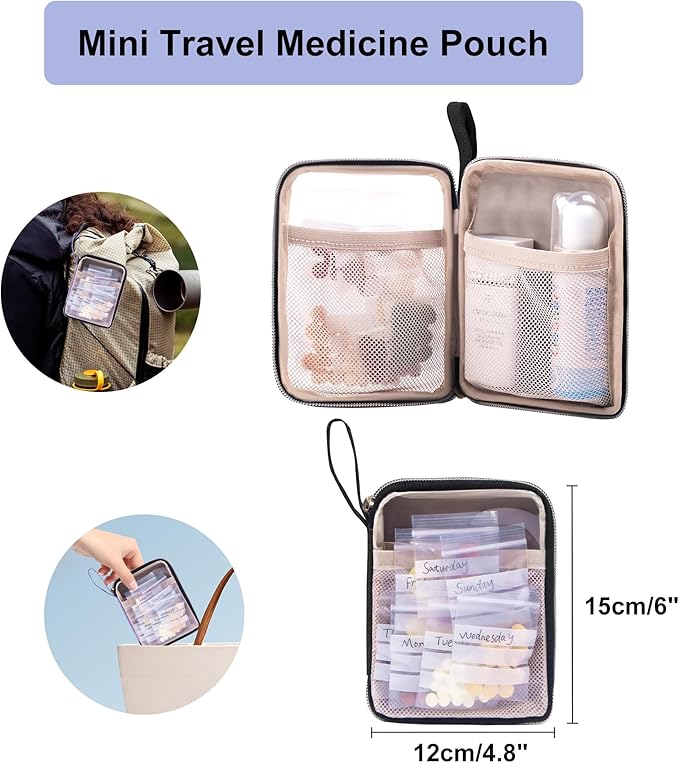 Medicine Storage Bag Pill Bottle Organizer with Portable Small Pouch Travel Medication Bottle Organizer for Emergency Home First Aid Box Kit (Black)
