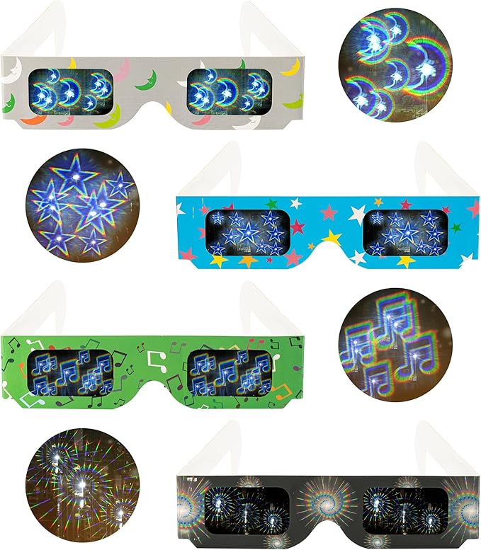 12 Packs Cardboard 3D Diffraction Glasses Fireworks Glasses for Christmas Lights/Parties/Raves/Music Festivals/Light Shows/Fireworks (Moon/Music Symbol/Star/Spiral)
