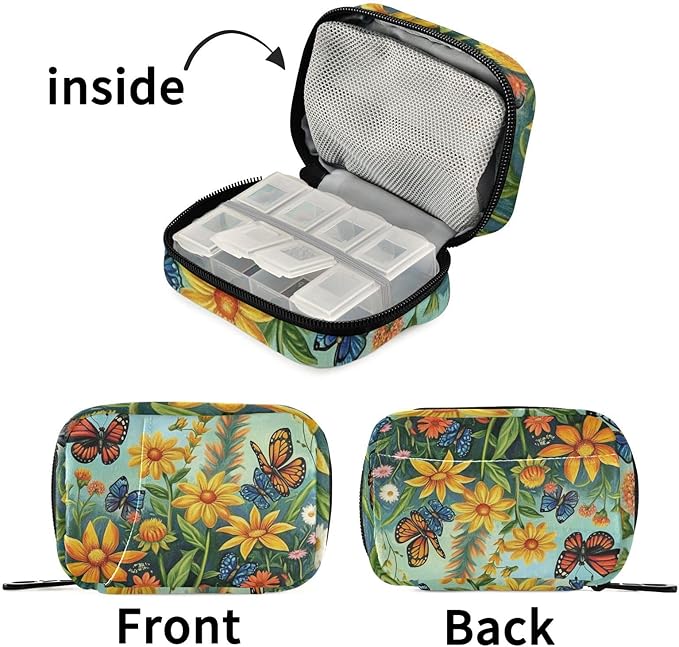 Travel Pill Case Colorful Garden Flowers Weekly Small Pill Box 7 Day Pill Box Pill Organizer Bag