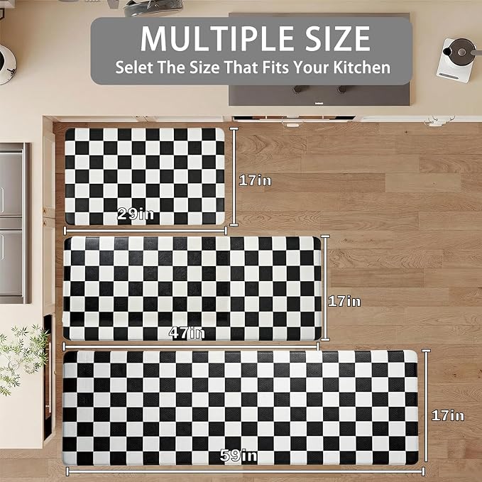 Black Checkered Grid Checkerboard Kitchen Rug, Anti-Fatigue, Waterproof Non-Slip Kitchen Mats Heavy Duty Ergonomic Comfort Foam Rug for Floor, Home, Laundry,17.3"x47"