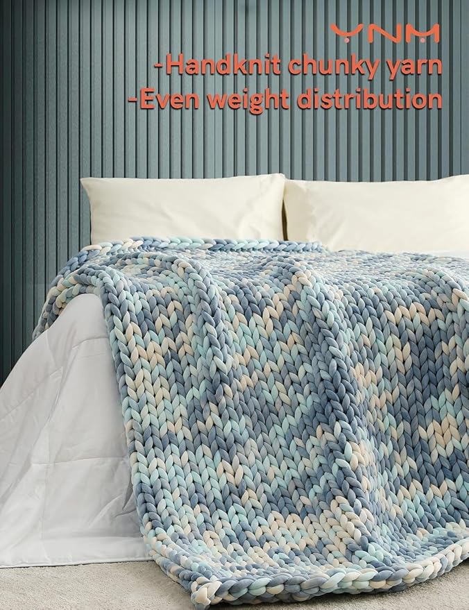 YnM Weighted Blanket, Handmade Chunky Knitted Design, Soft and Cozy, Temperature Regulating and Breathable, Machine Washable Throw for Sleep or Home Decor (Light Blue Tie-Dyed, 80x87 Inch, 25lbs)