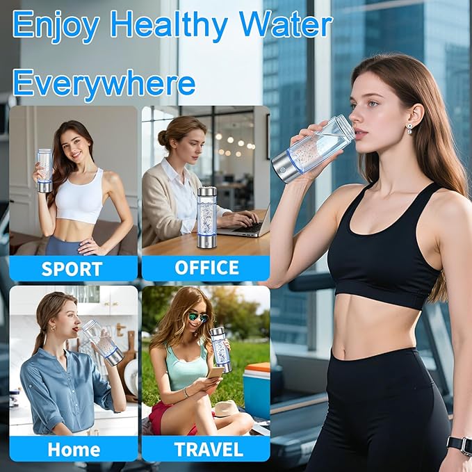 Hydrogen Water Bottle Generator - Portable Hydrogen Water Ionizer Machine SPE PEM Tech, Rechargeable Hydrogen Rich Water Glass Bottle for Home Gym Office and Travel Hydrogen Bottle