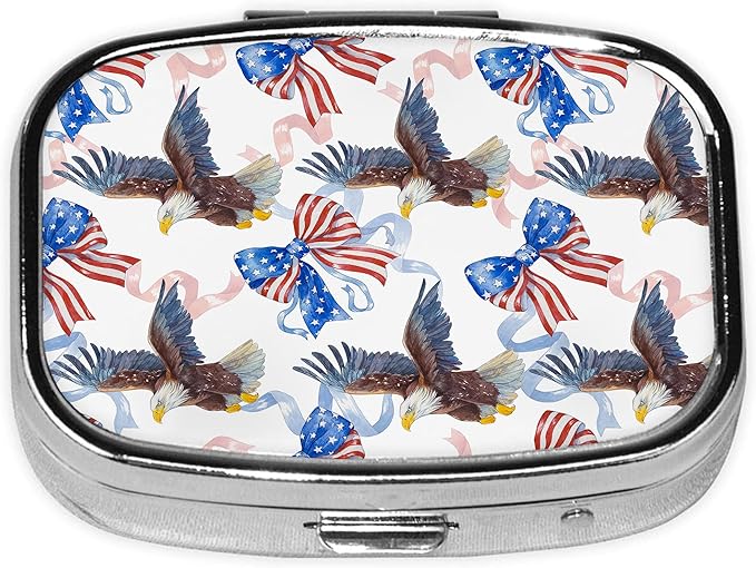 Pill Box-2 Compartment Small Pill Case Square Organizer Case with Mirror Portable Metal Medicine Box Travel Container for Pocket & Purse Women Men(Eagle Bow)