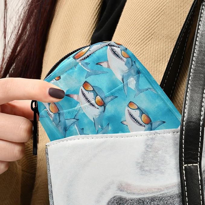 Fustylead Cute Sharks with Orange Glasses Travel Pill Organizer Case Zipper for Purse with Removable Weekly Pill Box for Medicine, Vitamin, Supplement Medicine Organizer