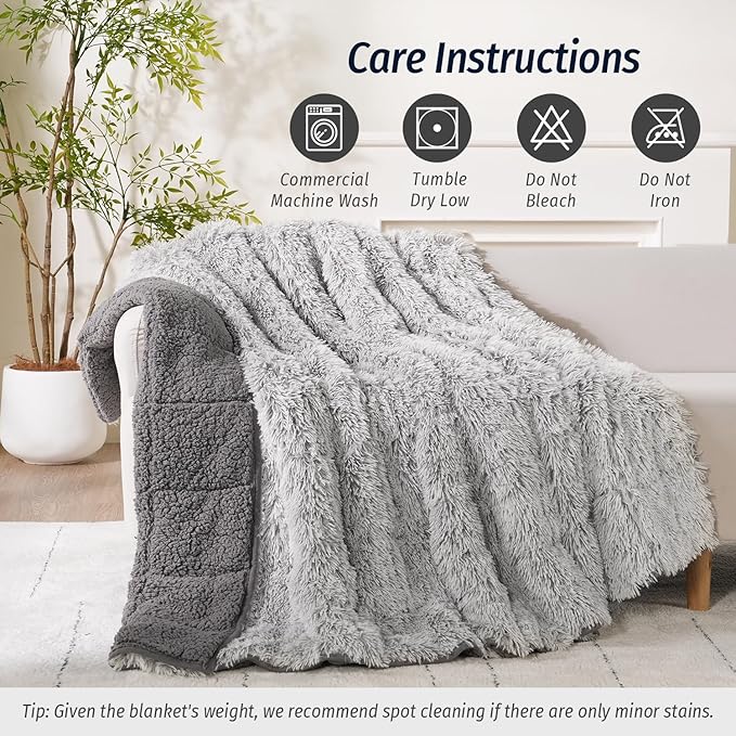 Wemore Shaggy Long Fur Faux Fur Weighted Blanket, Cozy and Plush Sherpa Long Hair Blanket for Adult 15lbs, Fluffy Fuzzy Sherpa Reverse Heavy Blanket for Bed, Couch, Backprint Grey, 60 x 80 Inches