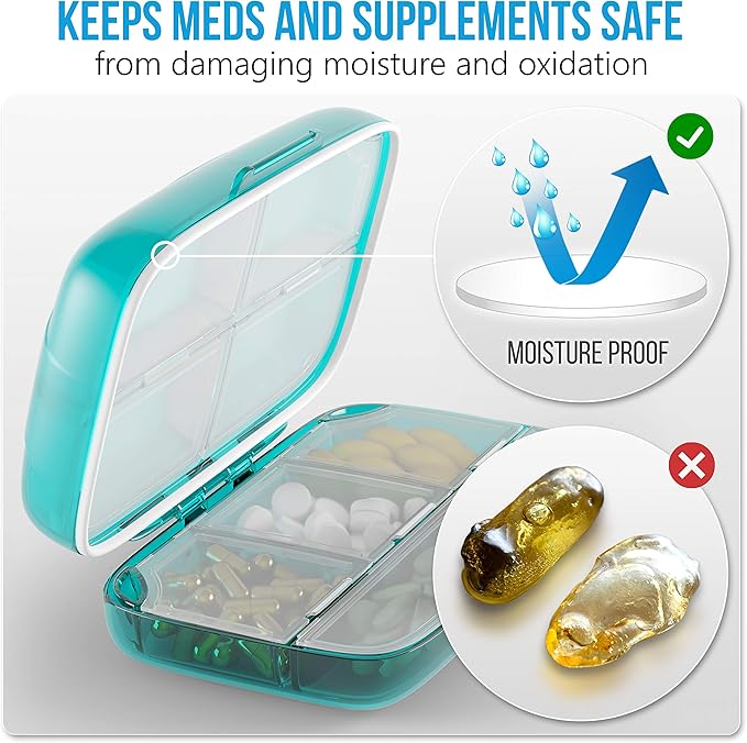 Pill Organizer Airtight Pill Box Large Pill Dispenser Home Travel Supplement Holder Portable Vitamin Sorter Jumbo Size 8 Compartment Airtight Vitamin Container Daily Medicine Travel Essentials
