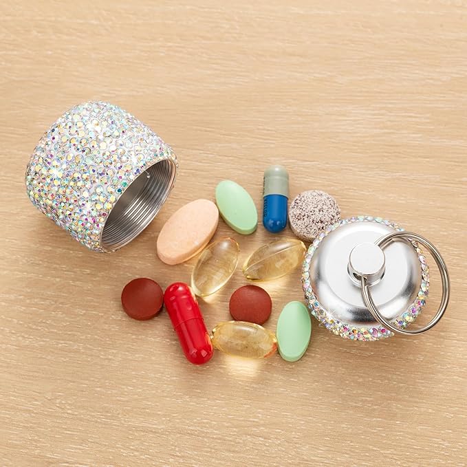 Keychain Pill Box Diamond Small Pill Organizer Medication Lock Box Cute Medicine Case for Purse Jewelry Ring Holder with Keychain Medicine Storage for Vitamin Supplement (AB)