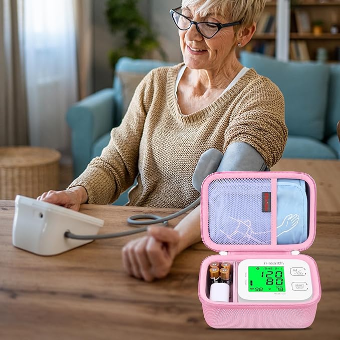 Elonbo Carrying Case for iHealth Track Smart Upper Arm Blood Pressure Monitor, Wireless Bluetooth Blood Pressure Monitor Travel Protective Bag Storage Holder, Mesh Pocket fits Range Cuff, Pink