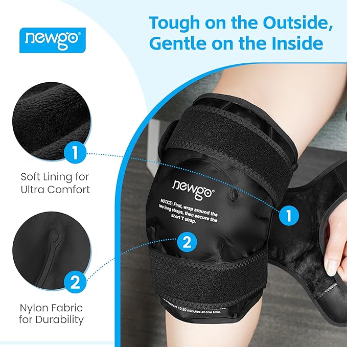 NEWGO Ice Pack for Knee Injuries Reusable, Knee Ice Pack Wrap Around Entire Knees for Replacement Surgery Recovery, Gel Cold Pack Wrap for Meniscus Tear, ACL, Swelling Pain Relief - Black