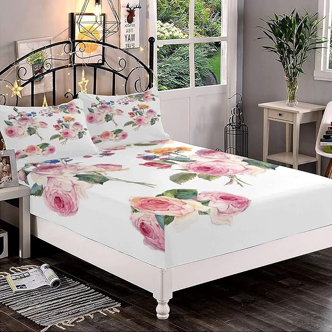 Decorative Bedding Sheet Set Twin XL Size, Rose Deep Pockets Fitted Sheet & 2 Pillow Sham Set, Vintage Floral Bouquets with English Roses Wildflower Print Microfiber 3pc Bed Sheets Set
