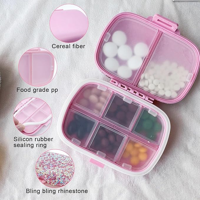 Bling Pill Case for Purse Medicine Vitamin Container Holder Pocket Pill Case Round Medicine Organizer for Travel Medicine Kit (8 Compartment Pink)