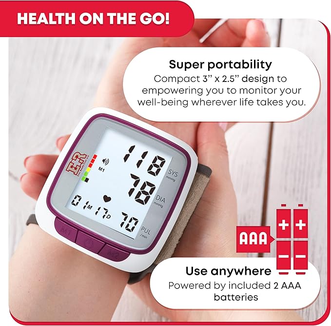 Ever Ready First Aid Fully Automatic Blood Pressure Wrist Cuff Watch Wearable Monitor for Home Use - Purple - Batteries Included