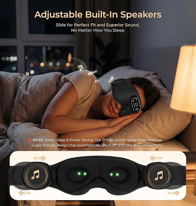 LC-dolida Pro Bluetooth Sleep Mask with White Noise & 3 Lights, Sleep Headphones with Upgrade Chip & Pure Sound, 3D Zero-Pressure Design for Side Sleepers, Total Blackout Soft Sleep Eye Mask, Black