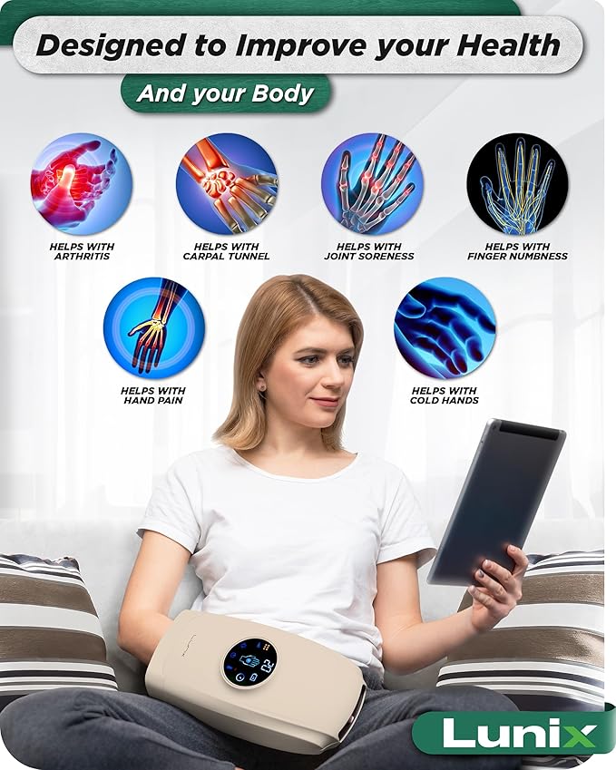 Lunix LX7 FSA Carpal Tunnel & Wrist Pain Relief Device, Heated Air Compression Hand Massager for Arthritis, Mothers Day Gifts for Women & Mom, Touchscreen, Sand Beige