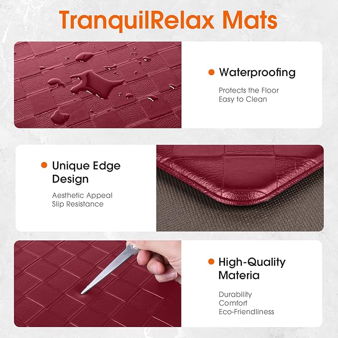 Kitchen Mats, 2PCS Kitchen Rugs, Cushioned Anti Fatigue Kitchen Mats for Floor, Non-Slip Standing Desk Mat, Waterproof Kitchen Rug Set for Kitchen, Floor, Office,17.3"×30"+17.3"×47",Red