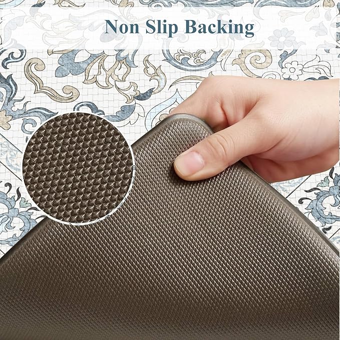 KIMODE Anti Fatigue Mats for Kitchen Floor,Boho Vintage Floral Rugs Sets of 2,Cushioned Carpet Non Slip for Laundry,Wide Memory Foam Runner for Sink Office,Light Blue 20"x47"+20"x32"