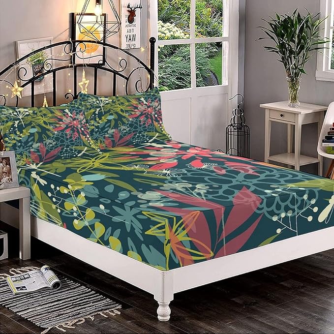 Decorative Bedding Sheet Set Cal-King Size, Leaf Deep Pockets Fitted Sheet & 2 Pillow Sham Set, Abstract Flowers Dragonflies Buds Dandelions Print Microfiber 3pc Bed Sheets Set,for Women & Men Bedding