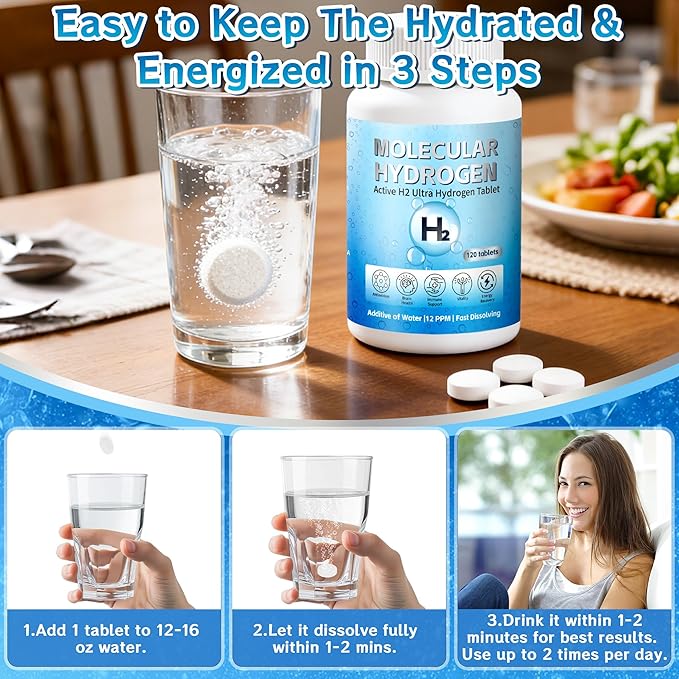 Hydrogen Water Tablets with Magnesium - 12 PPM H2 Molecular Hydrogen Tablets for Drinking Water, Fast-Dissolving, Antioxidant Support for Cellular Vitality, Energy Recovery, Non-GMO, 120 Count