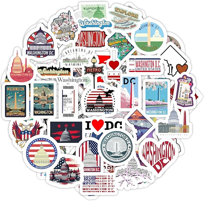 BulbaCraft 100Pcs Washington DC Stickers for Water Bottle and Laptop - Washington DC Party Supplies & Decorations, Waterproof Vinyl Decals, State Pride and Icon Stickers, Gifts for Women & Men