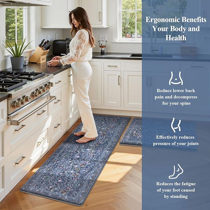 U'Artlines Double-Sided Kitchen Rugs Set of 2,Kitchen Anti Fatigue Mats Non Slip Padded Floor Standing Desk Mat,PVC Waterproof & Stain Resistant Carpet Blue Floral Rugs for Laundry Room Office Sink