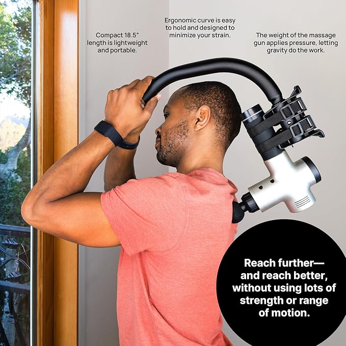 BackBadger Mini Massage Gun Holder for Hard to Reach Areas, Compact Extension Handle Extends Your Reach, for More Effective Upper-Body Pain Relief, Compatible with Most Massage Guns