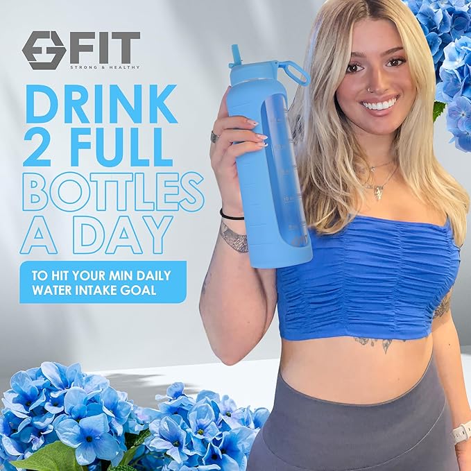 FIT Strong & Healthy 32 oz Glass Water Bottle with Straw Lid - Wide Mouth Borosilicate Glass Water Bottles with Time Marker, Silicone Sleeve & Extra Lid - 1L Large Motivational Drinking Bottle
