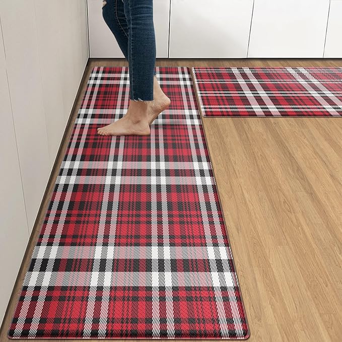 Arttown Red Anti-Fatigue Kitchen Rug Set of 2 Plaid Cushioned Floor Standing Mat Waterproof Non-Slip Mat and PVC Ergonomic Comfort Foam Rug