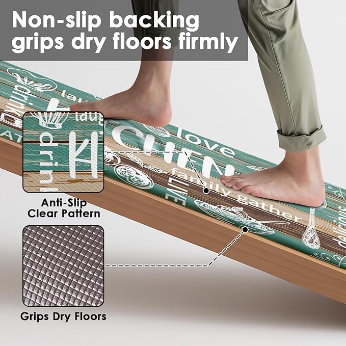 Arttown Farmhouse Teal Anti-Fatigue Kitchen Rug Set of 2 Wood Brown Black Vintage Cushioned Floor Standing Mat Waterproof Non-Slip Kitchen Mat and PVC Ergonomic Comfort Foam Rug