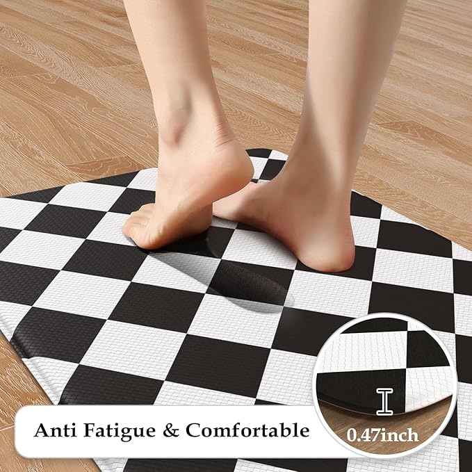 KIMODE Farmhouse Kitchen Rugs, Anti-Fatigue Kitchen Mats, Non-Slip, Cushioned Standing Mat, 17"x47"+17"x29", Black Diamond Check