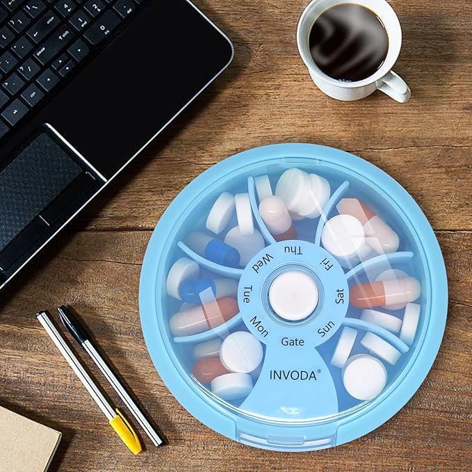 INVODA Weekly Pill Organizer with 77 Pre-Cut Medication Labels – 7 Compartment Rotating Medicine Box Daily Pill Case for Vitamins, Fish Oil & Prescriptions – BPA-Free Plastic – Compact Travel Size