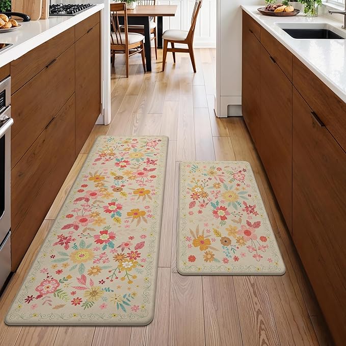 GENIMO Kitchen Mats for Floor 2PCS, Cushioned Kitchen Rugs Non Slip Washable, Farmhouse Anti Fatigue Mat Waterproof, Comfort Standing Mat Rug for Office, Home, Laundry, 17.3"x59"+17.3"x30", Beige