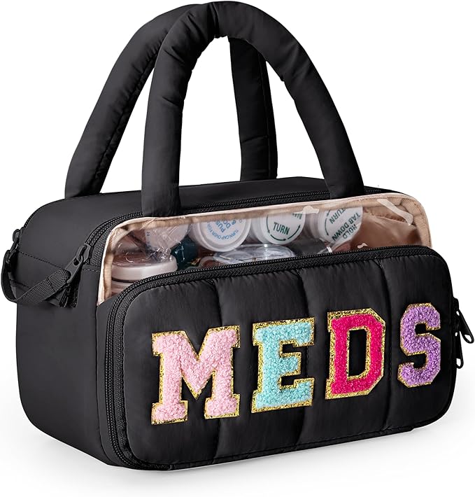 Fasrom Chenille Letter Medicine Bag, Preppy Patch Meds Bags for Travel, Pill Bottle Organizer with Puffy Handles, Portable Cosmetic Toiletry Storage Makeup Case for Women, Black (Bag Only)