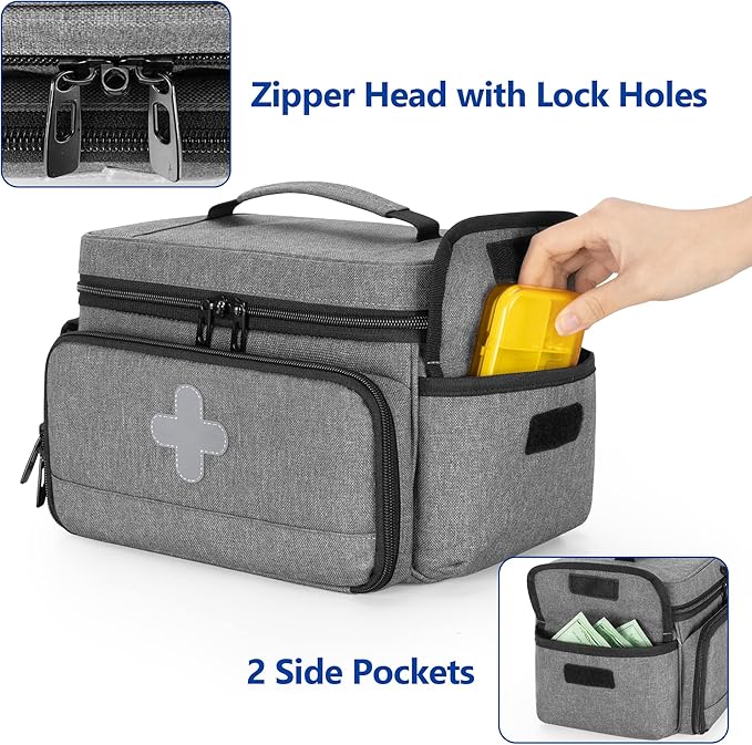 CURMIO Medicine Storage Bag Empty, Lockable Pill Bottle Organizer with Portable Zippered Pouches for First Aid Kits, Medicine Box for Home and Travel, Gray (Patent Pending)