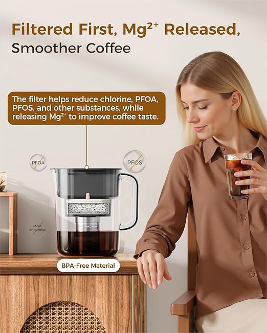Waterdrop Cold Brew Coffee Maker with 1 Magnesium Water Filter for Well-Balanced Acidity, Unlocks Aroma, BPA-Free Cold Brew Pitcher, Stainless Steel Filter for Iced Coffee, Tea, Lemonade, Black