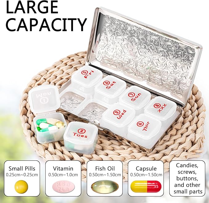 Portable 7-Day Metal Pill Case, Featuring 8 Compartments—Perfect for Travel. BPA-Free. (L-Silver, Large)