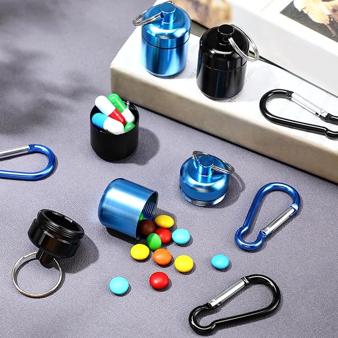 Hicarer 4 Pack Ear Plug Carrying Case, Waterproof Metal Ear Plug Holder with Keychain, Portable Small Pill Case Container for Earplugs, Jewelry, Pill Organizer for Travel or Sports(Black, Blue)