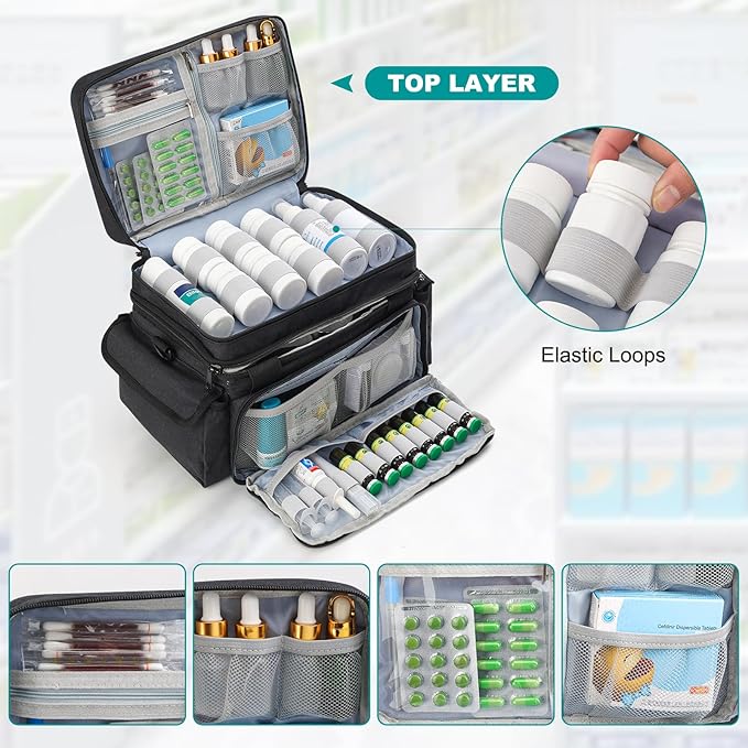 Medicine Organizer with Adjustable Divider, Double-Layer Medicine Bottle organizer Storage, Portable Home Health First Aid Bag, Medicine Organizer Box for Emergency Medications (Bag Only)